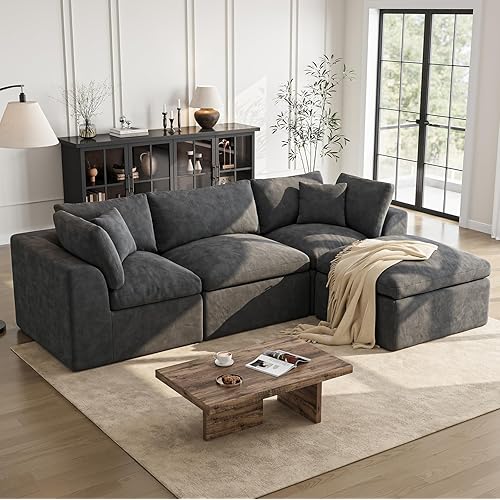 Cloud Sectional Couches for Living Room | 108 Inch L-Shaped Boneless Couch with Ottoman | Dark Grey Modular Sectionals Sofa Couch