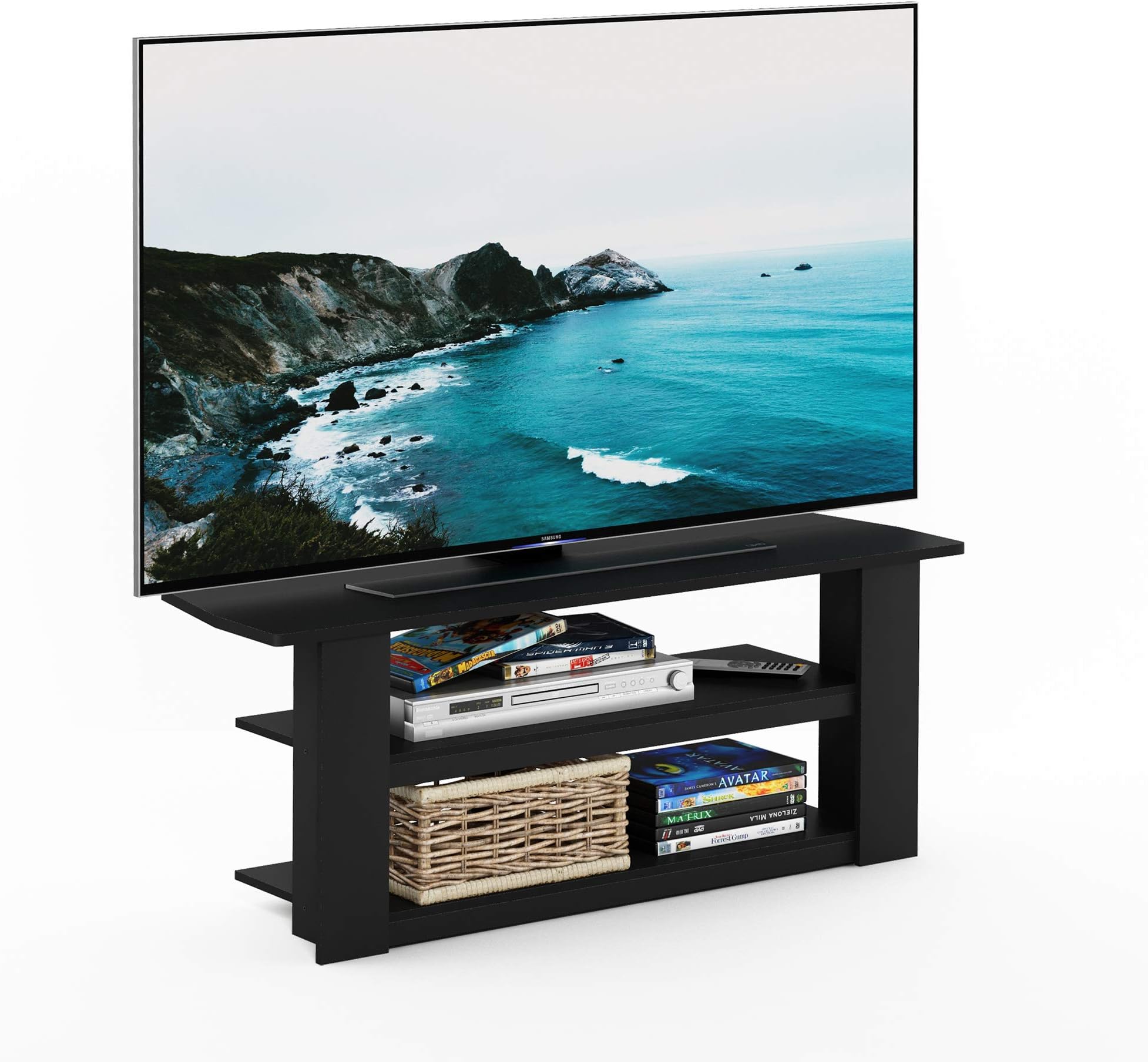 Furinno PARSONS TV Stand, 3-Tier Entertainment Center with Storage Shelf, Open Frame TV Console for TV up to 50 Inch, for Living Room, Bedroom, Black