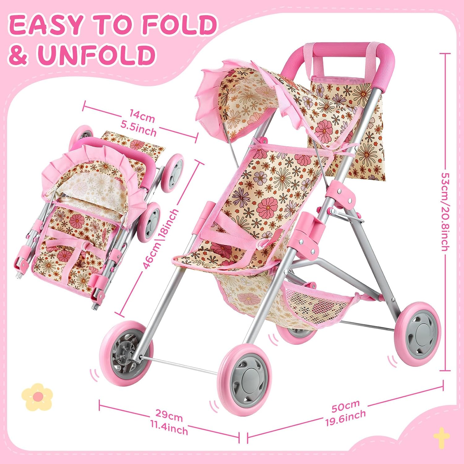 GAGAKU Baby Doll Stroller, Foldable Toy Stroller with Storage Basket and Bag, Diaper, Reborn Doll Accessories for Girls & Kids Ages 3+, Daises Pattern