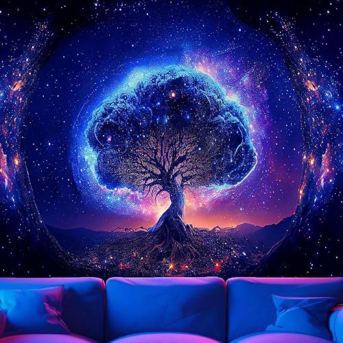 Atrippy Tapiz de luz negra, árbol de la vida, tapiz de pared con espacio reactivo a los rayos UV, tapiz de galaxia, tapiz de noche estrellada,