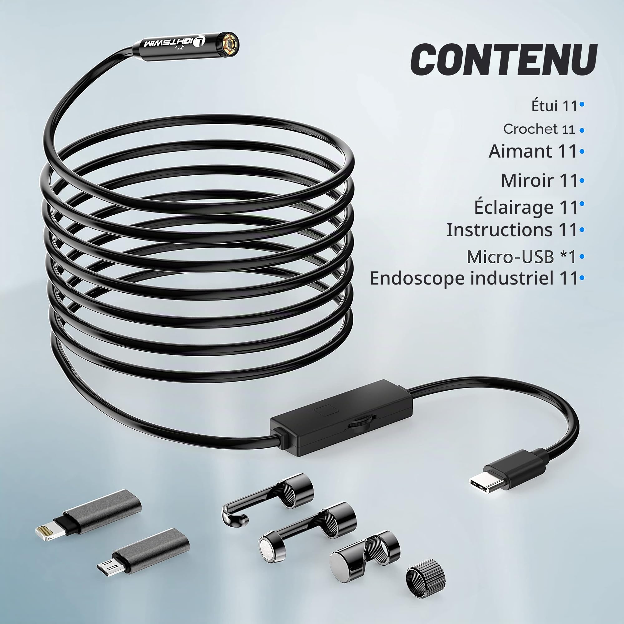 Lightswim Caméra d'inspection Serpent endoscopique à Double Objectif 1920P, caméra endoscopique de Type C avec 8 lumières LED pour Smartphone Android et iOS, iPhone, iPad, Samsung (16,5 Pieds/5 m)