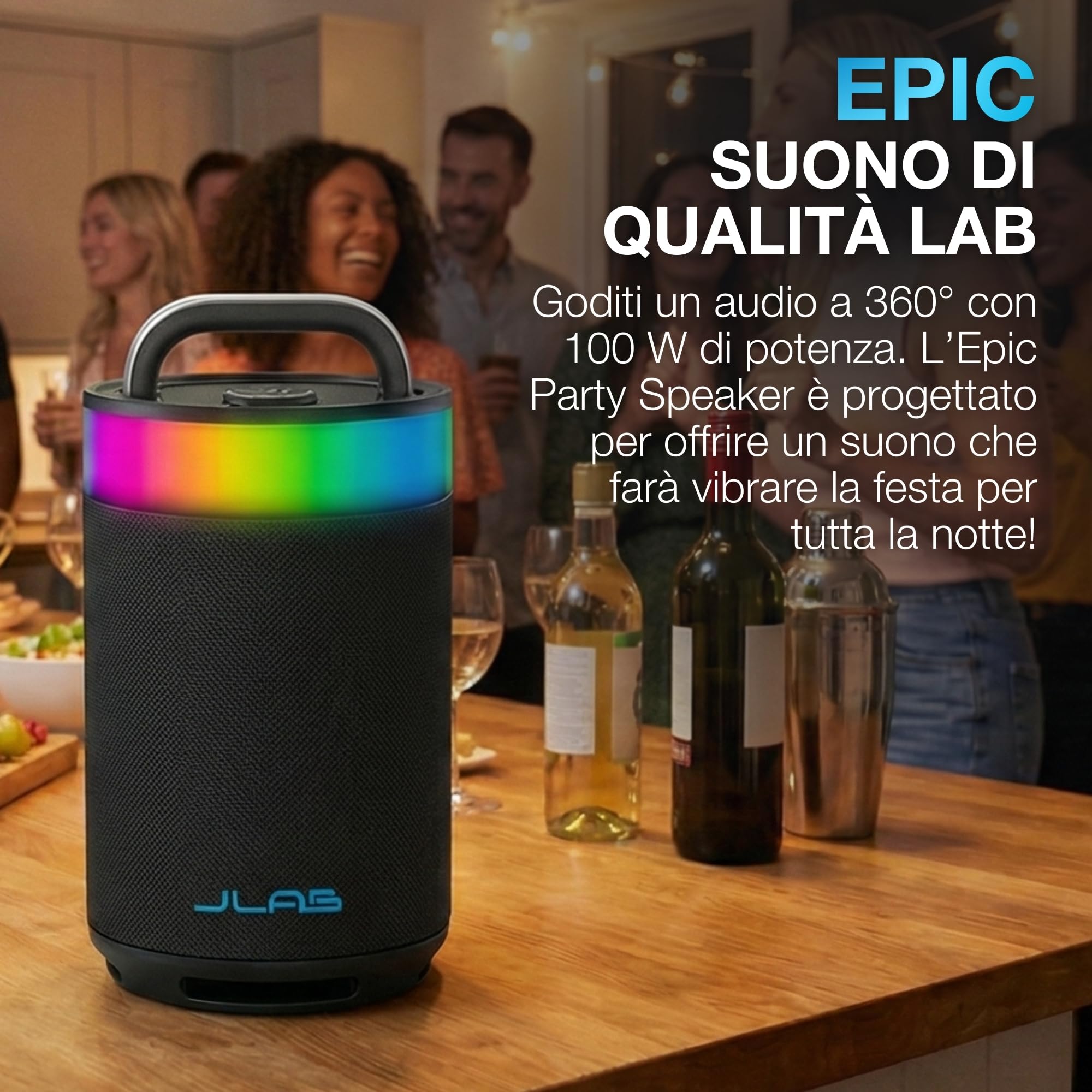 JLab Epic Party Altoparlante Bluetooth Portatile 100W - 16+ Ore, Nero | Cassa Wireless con Luci RGB & Suono 360 Gradi, IP56 Resistente Acqua, EQ Personalizzato