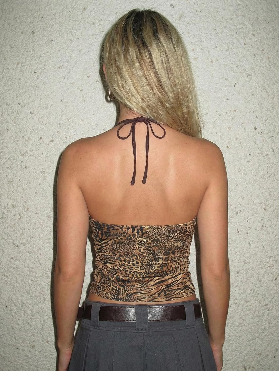 MakeMeChic Women's Summer Cheetah Print Backless Halter Tops Cowboy Chic Sleeveless Tie Crop Tops - Image 2