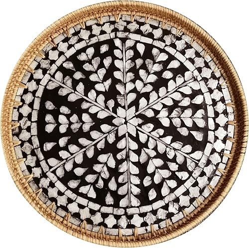 Miniatura 7 de i-lan Bandeja redonda de ratán de 16 pulgadas con base de madera de mopa beige, bandeja otomana de mimbre extra grande con 1 pulgada, platos tejidos
