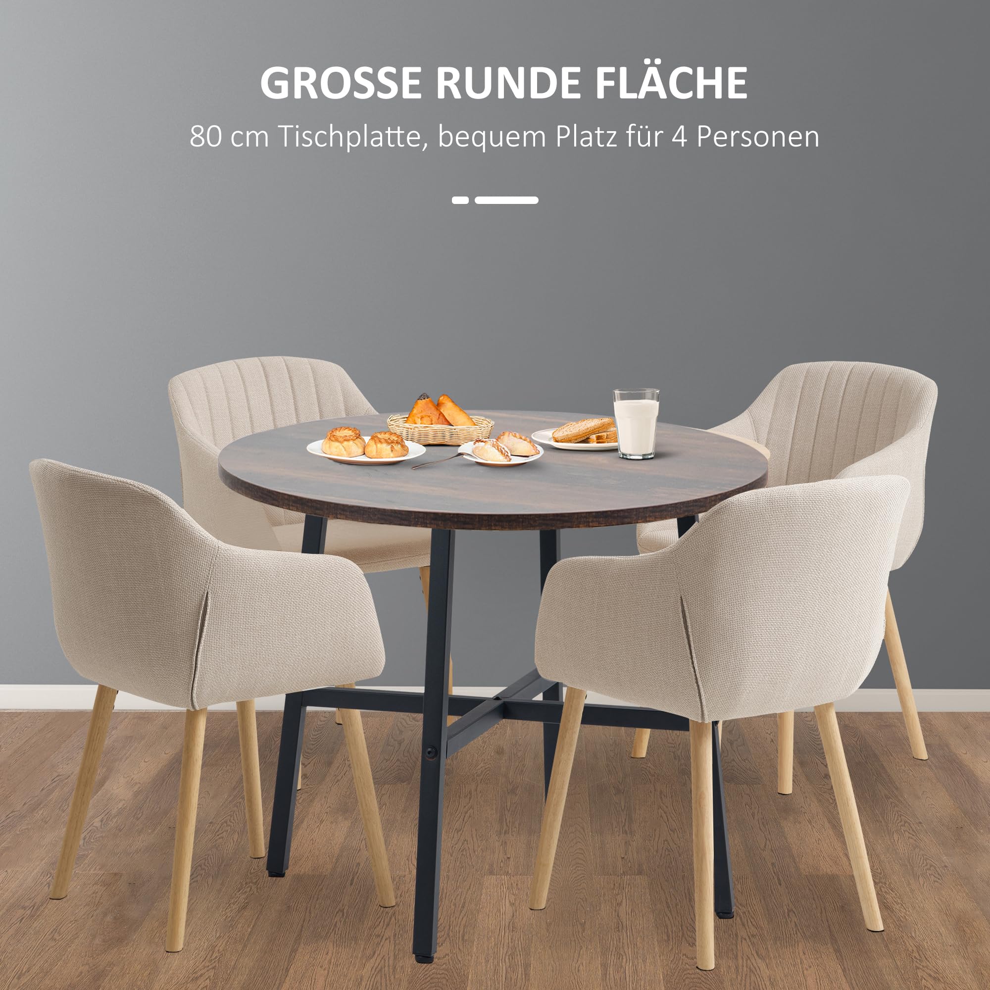 HOMCOM Esstisch 80 x 80 cm rund Küchentisch für 4 Personen Esszimmertisch mit Stahlrahmen, Industriller Tisch für Küche, Esszimmer und Wohnzimmer Rustikales Braun