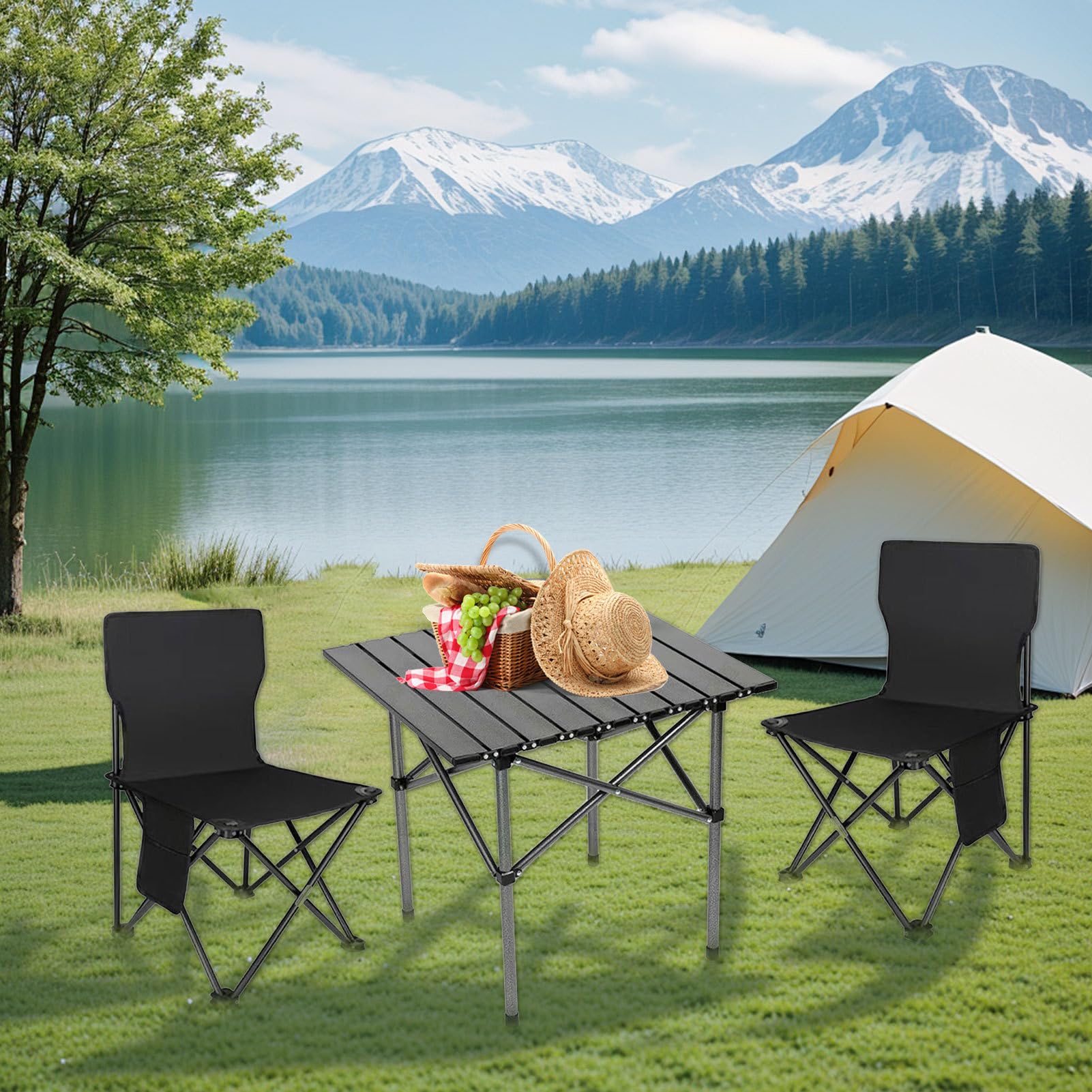 Oxford Camp Gear - Mesa de Camping Plegable, Mesa de Picnic Ligera y 2 sillas para Senderismo, Muebles de Exterior portátiles para Adultos, Barbacoa y Viajes
