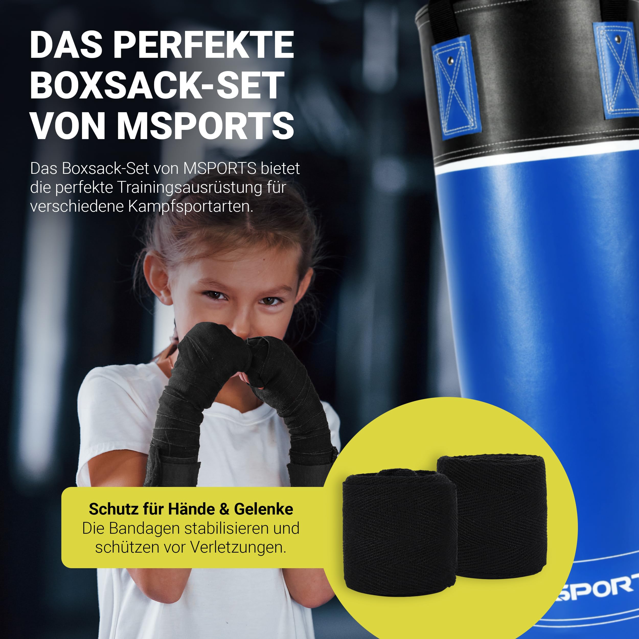 MSPORTS Ensemble sac de frappe de qualité supérieure pour enfants et adolescents – Kit de boxe avec gants de boxe, bandages et sac, 70 × 25 cm, 12 kg – Idéal pour l'entraînement de boxe et de