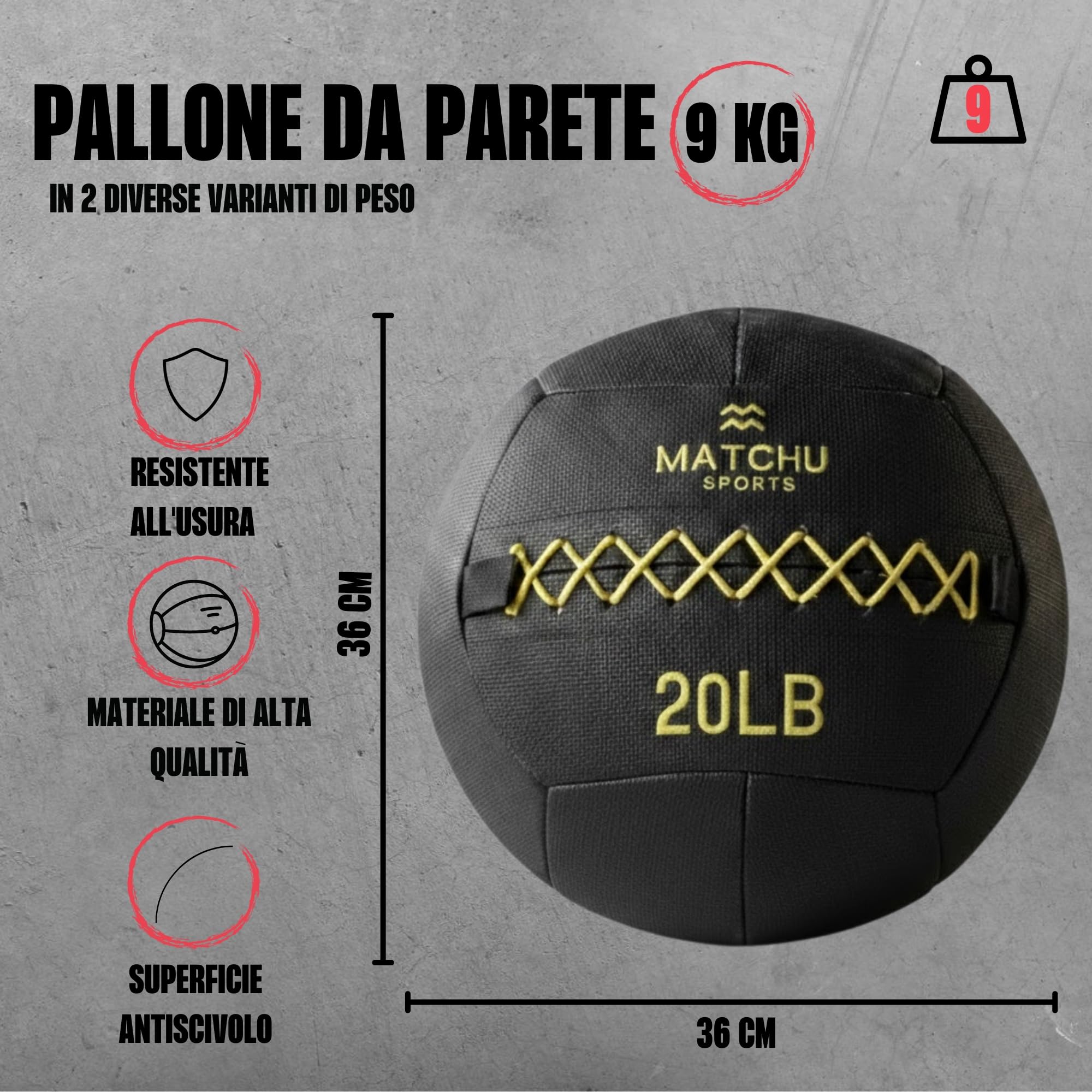 Matchu Sports | Wall Ball | Disponibile in 6 KG (14LB) e 9 KG (20 LB) | Nero