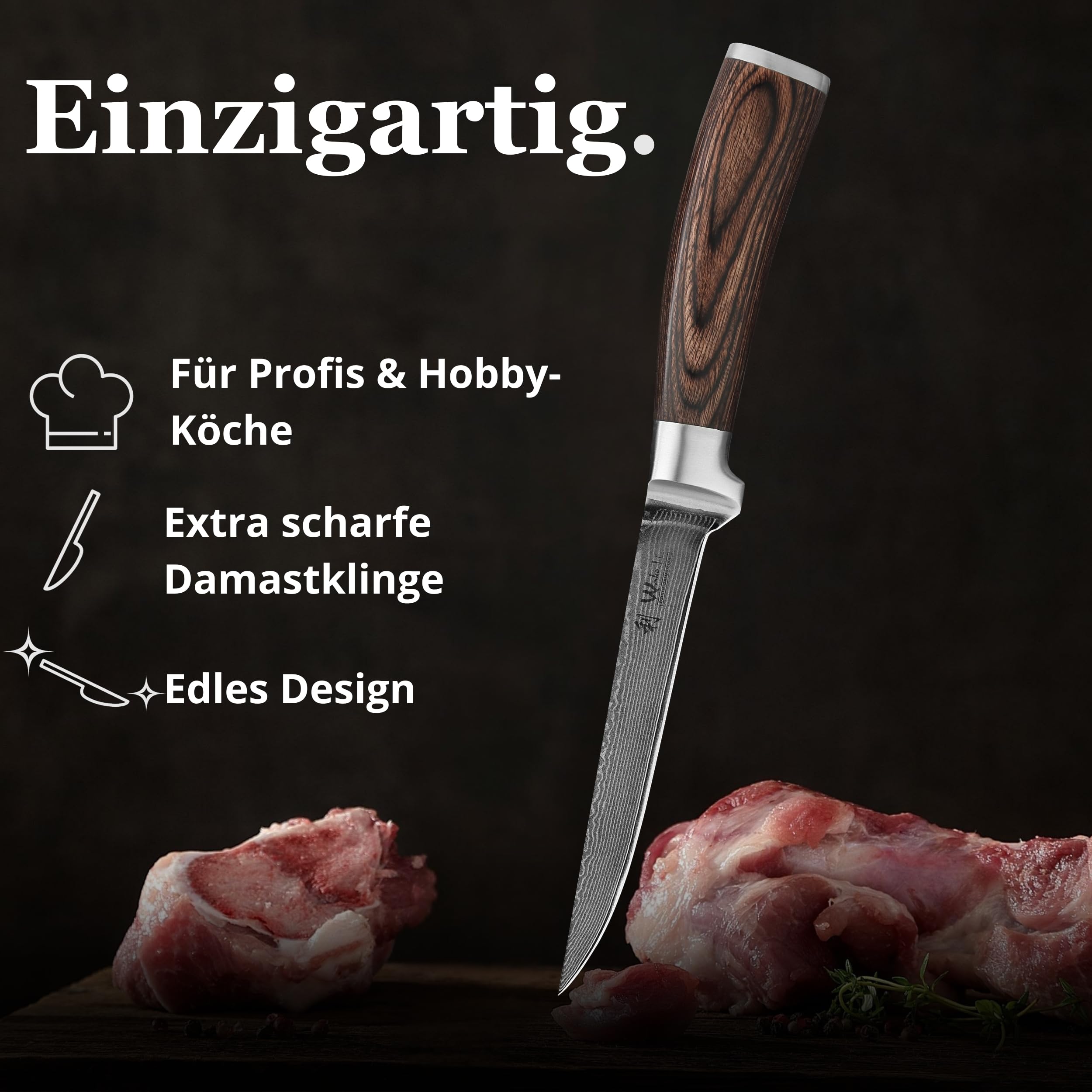 Wakoli EDIB Ausbeinmesser aus echtem Damaststahl (VG10 Kern) mit 14,5 cm Klinge – Scharf und ergonomisch – Damastmesser mit Pakkaholzgriff in Geschenkbox – Damast Filetiermesser für Fisch & Fleisch