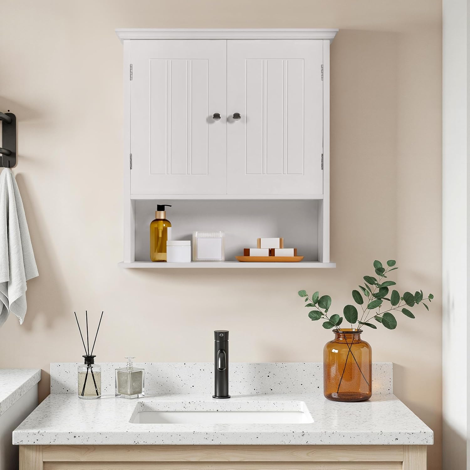 Yaheetech Bathroom Wall Cabinet with 2 Doors, 8" Deep Wall Mounted Medicine Cabinet with Adjustable Shelf and Open Compartment, Space-Saving Storage Organizer for Living Room, Kitchen, Laundry