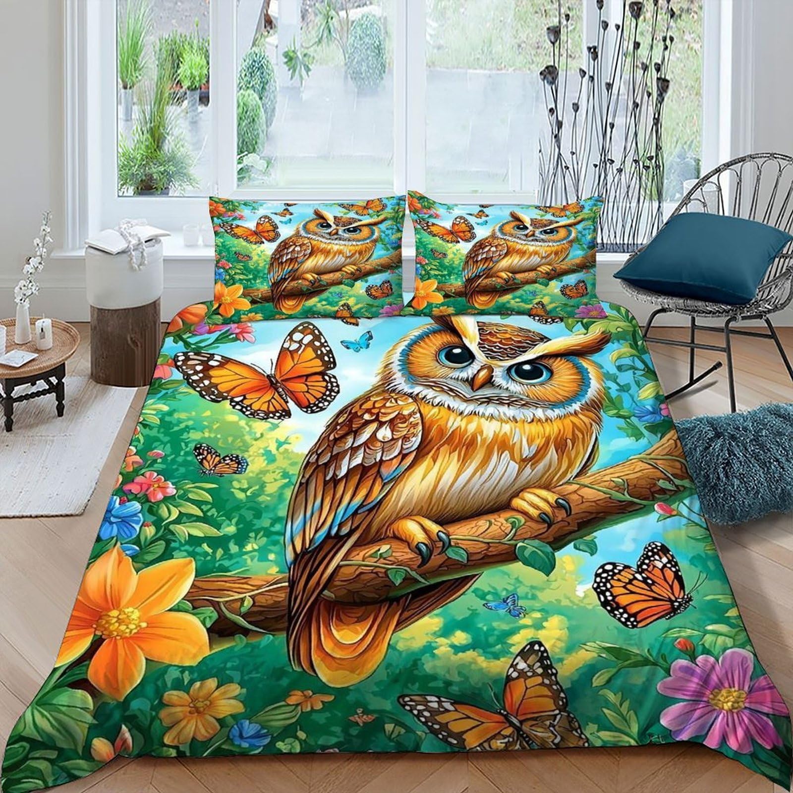 Housse de couette chouette parure grand lit 220x240cm contre la literie terne