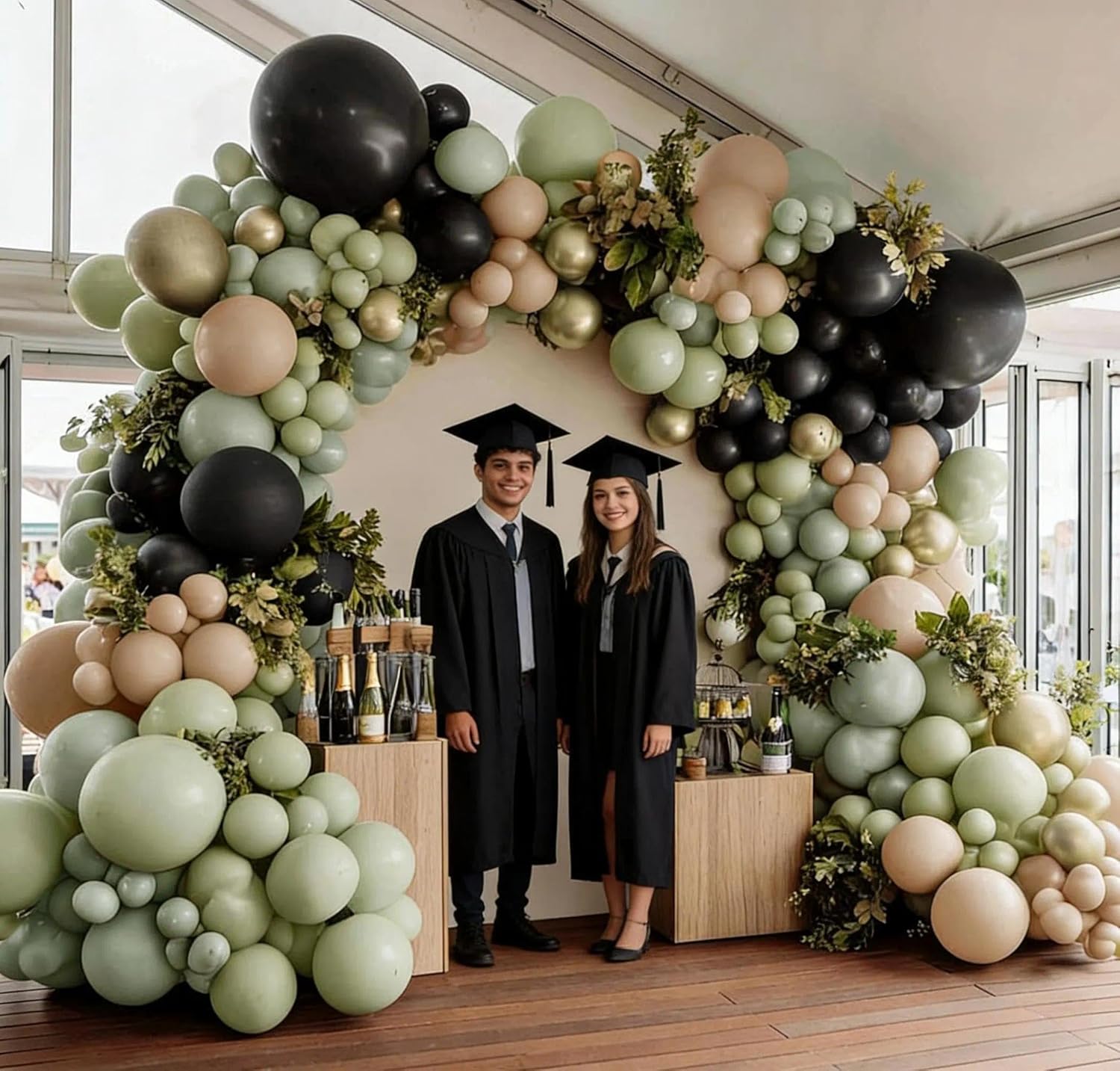 Sage Green Black Balloon Arch Kit, Double Stuffed Dusty Olive Green White Sand Cream Beige Gold Balloon Garland for Birthday Camo Woodland Jungle Wedding Boho Graduation Party Decoration