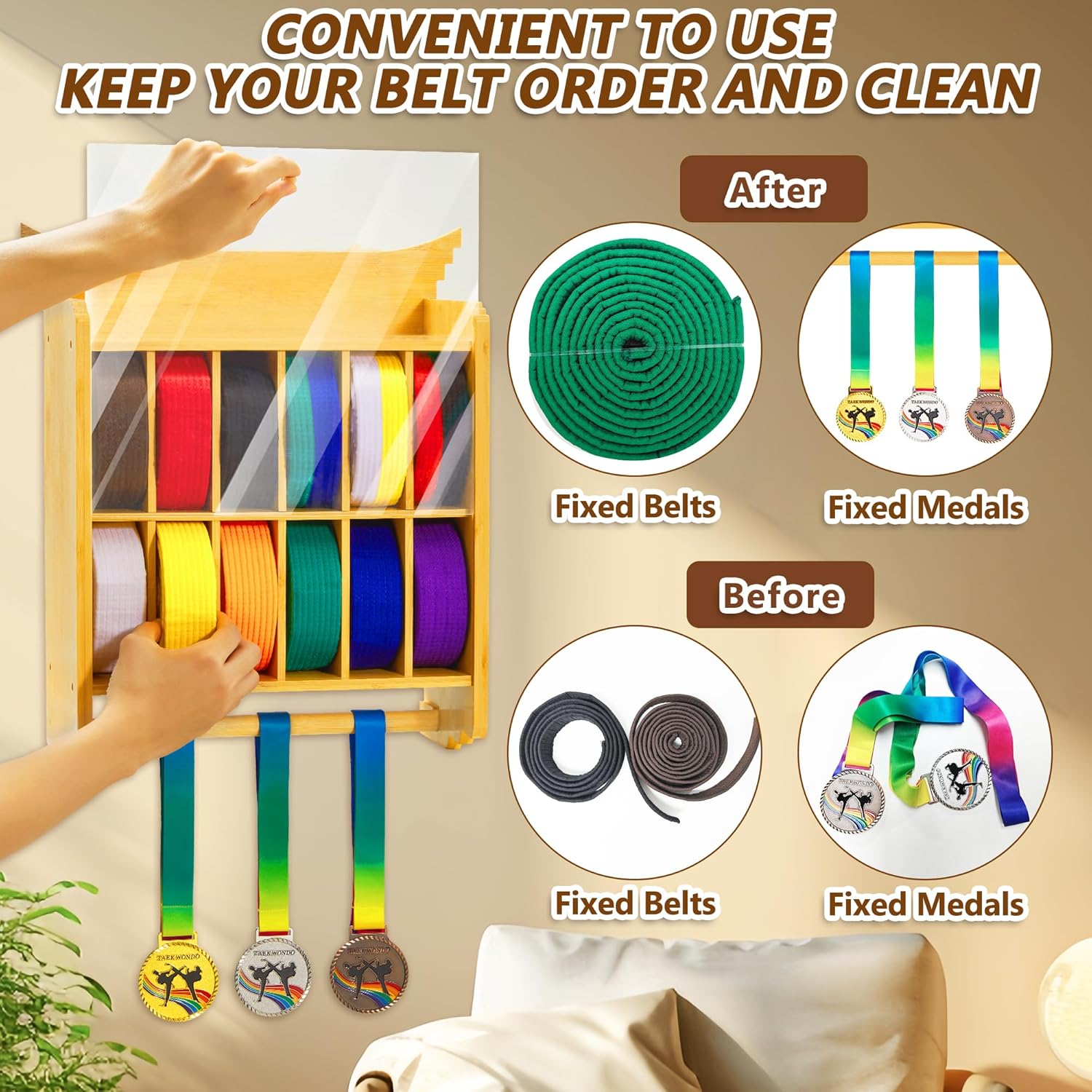 12 Karate Belt Display Rack,Trophy and Medal Display,Bamboo Dust Proof Wall-Mounted Belt Holder Gift with Customization Stickers for Taekwondo,Jiu Jitsu,Martial Art Learner,Kids