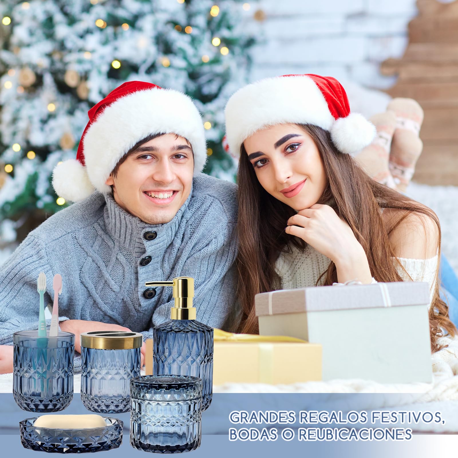 Juego de accesorios de baño azules, juego de 5 accesorios de baño de vidrio con dispensador de jabón de loción, jabonera, soporte para cepillo de dientes, vaso de baño, tarros de hisopo de algodón,