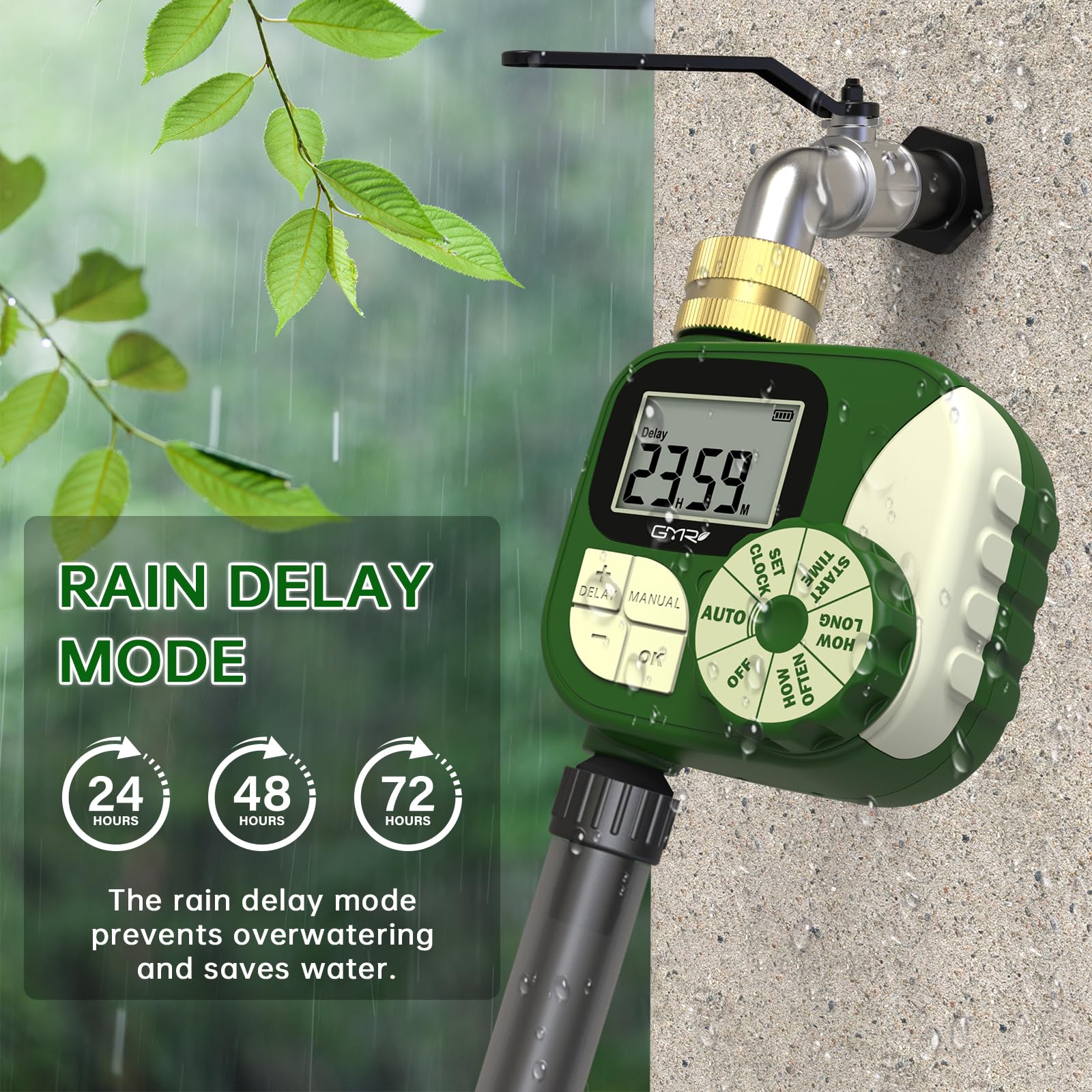GMR Timer zraszacza, timer wody do węża ogrodowego, timer nawadniania z mosiężnym obrotowym 360°, wodoodporny timer węża do automatycznego nawadniania, ręczny / opóźnienie deszczu, 1 wylot