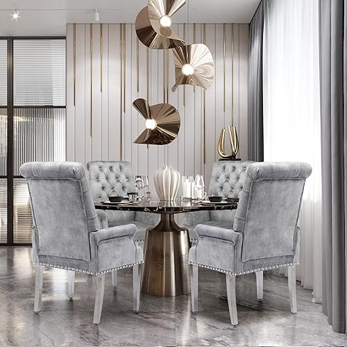 Miniatura 14 de LOULENS Lujosas sillas de comedor de terciopelo, modernas sillas de comedor tapizadas copetudas, reposabrazos con patas de acero inoxidable para