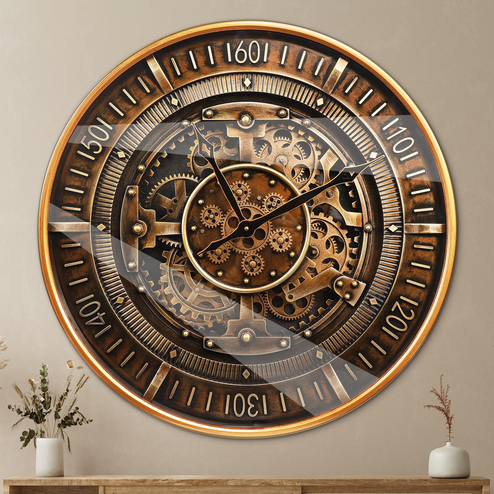 24 Inch Large Real Moving Gears Wall Clock,Vintage Industrial Steampunk Metal Wall Decor with Convex Glass, Silent Non-Ticking Oversized Clock for Living Room, Office(24 Inch Antique Brass Gold)