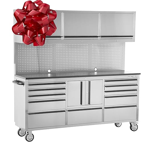 OEM Tools OEMTOOLS OEM24615 72 Inch 11-Drawer Upper Cabinet, Work Surface, Pegboard, Mechanics’ Rolling Chest, Large Tool Box, Garage Workbench, Silver