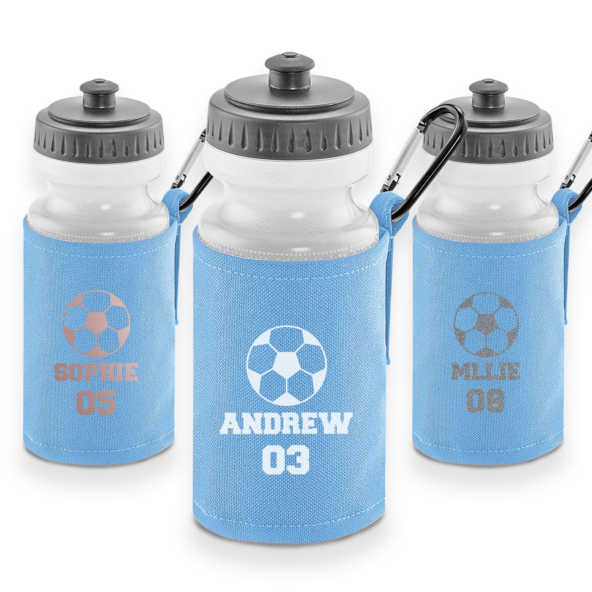 Personalised Football Sports Water Bottle for Kids โ Custom Name & Player Number Design โ 500ml BPA Free School & Training Drink Flask with Protective Sleeve and Carabiner Clip โ Boys & Girls