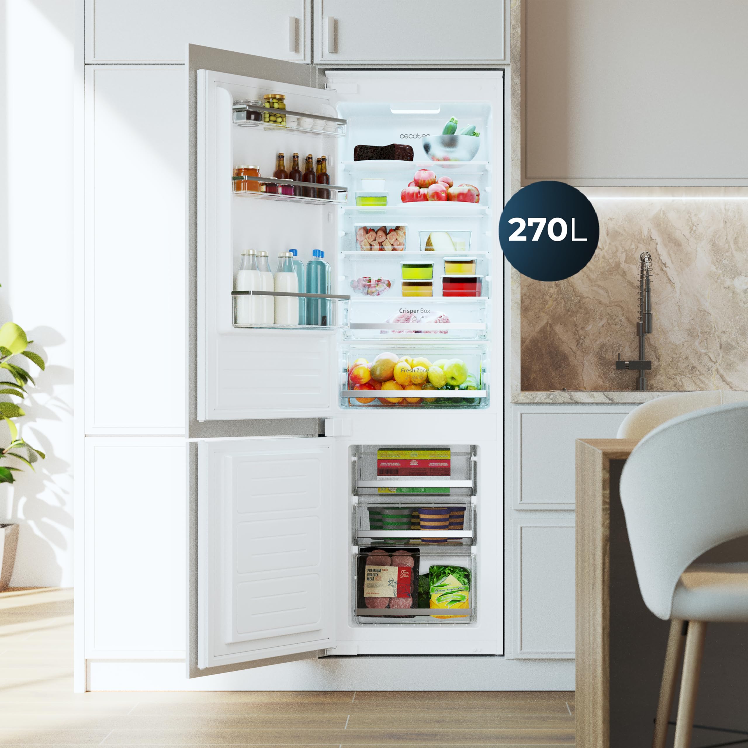Cecotec Refrigerateur Congelateur Combiné Bolero CoolMarket Combi BI-S DF 270 E. Réfrigérateur 270L, Defrost, porte coulissante, tiroirs, bac fruits et légumes, classe E
