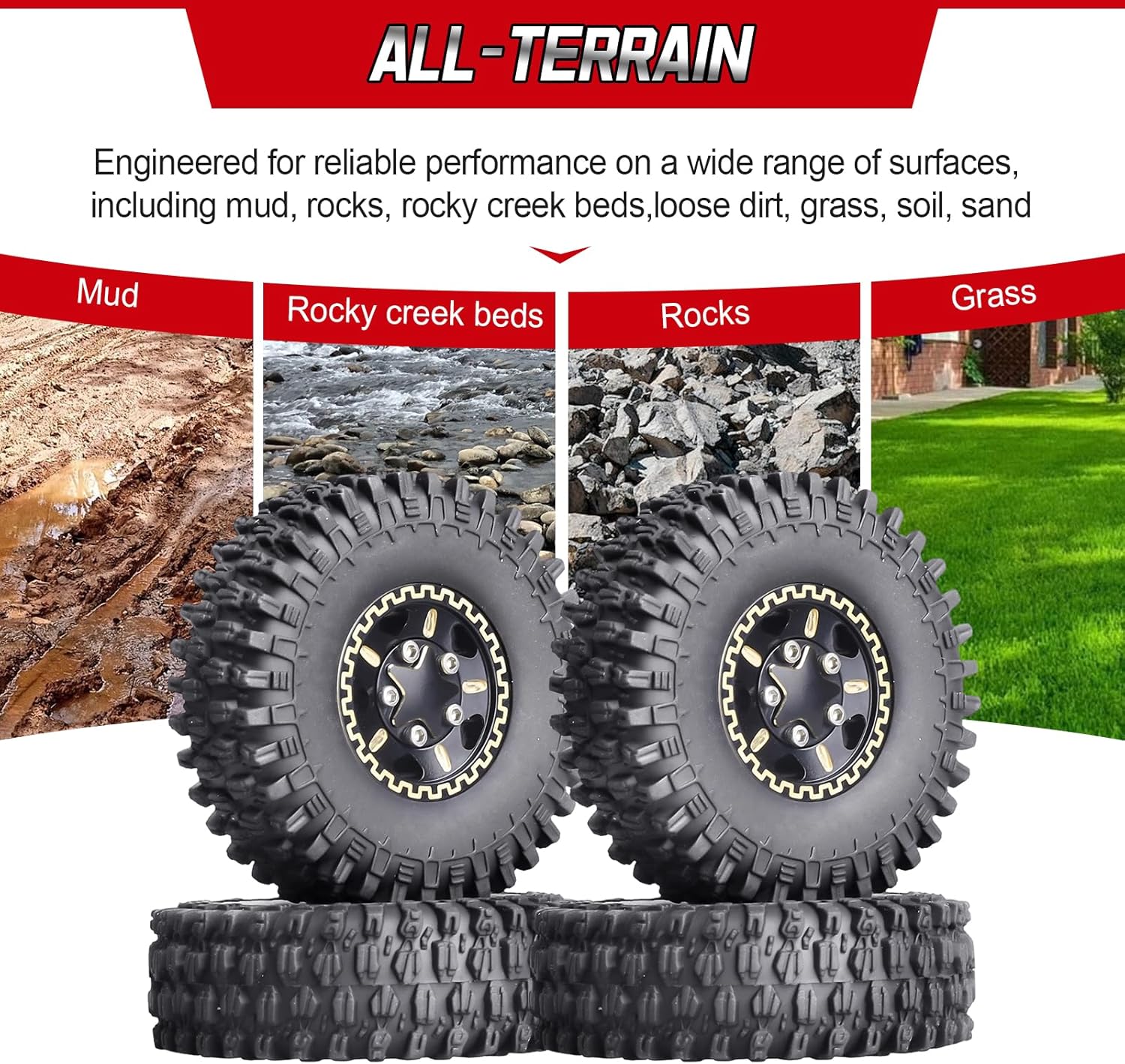 Hobbypark Brass 1.0 Beadlock Wheels and Tires for TRX4M Upgrades Axial SCX24 1/24 RC Crawler Replacement Parts, Set of 4 (Type A)