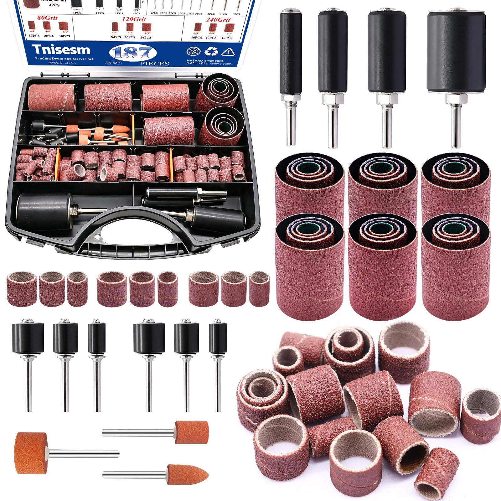 Tnisesm 187 PCS Sanding Drum and Sleeves Kit – Includes 2inch Spindle Sander Sleeves (60/80/120/240 Grit), 4 Rubber Sanding Drums, 1/4-Inch Shank,Versatile Sander Accessory with Box