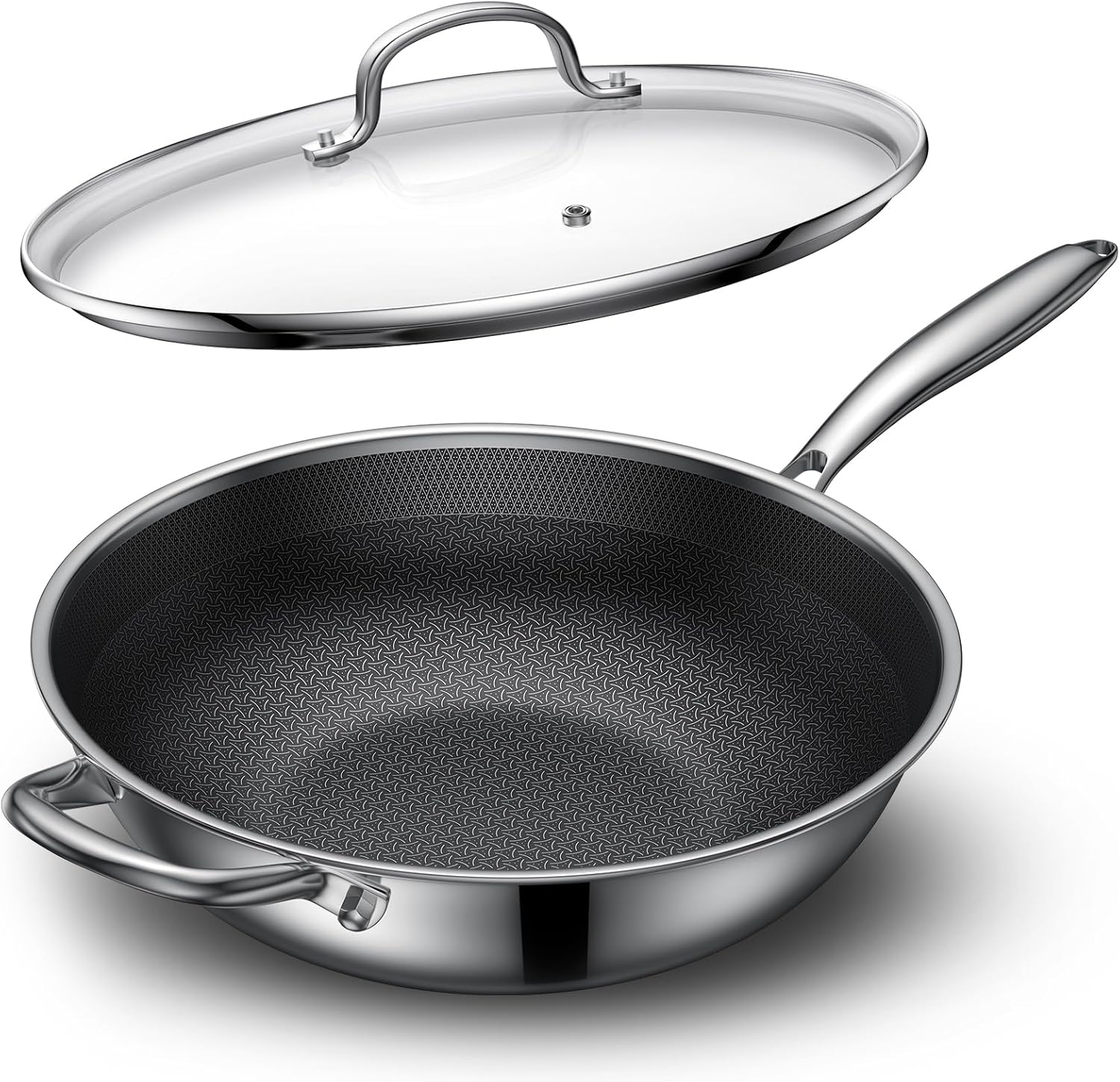 Hybrid Nonstick Wok, 12.5-Inch Stainless Steel Wok with Lid, Laser-Textured Wok Pan, PFOA-Free Woks & Stir-Fry Pans, Oven & Dishwasher safe, Induction Ready, Compatible for Gas Electric Glass Cooktops