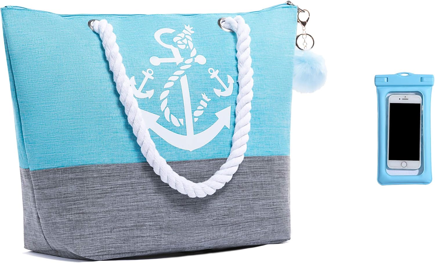 Waterproof Large Tote Beach Bag For Women Top Zipper Closure Cotton Handles with Pompom