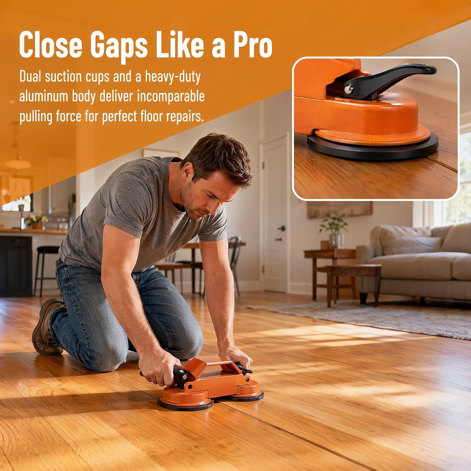 Heavy Duty 45° Floor Gap Fixer Tool with 10 Reusable Inserts, Heavy-Duty Suction Cup Puller for Hardwood Laminate Vinyl Tile, Aluminum Alloy Floor Repair & Closing Tool