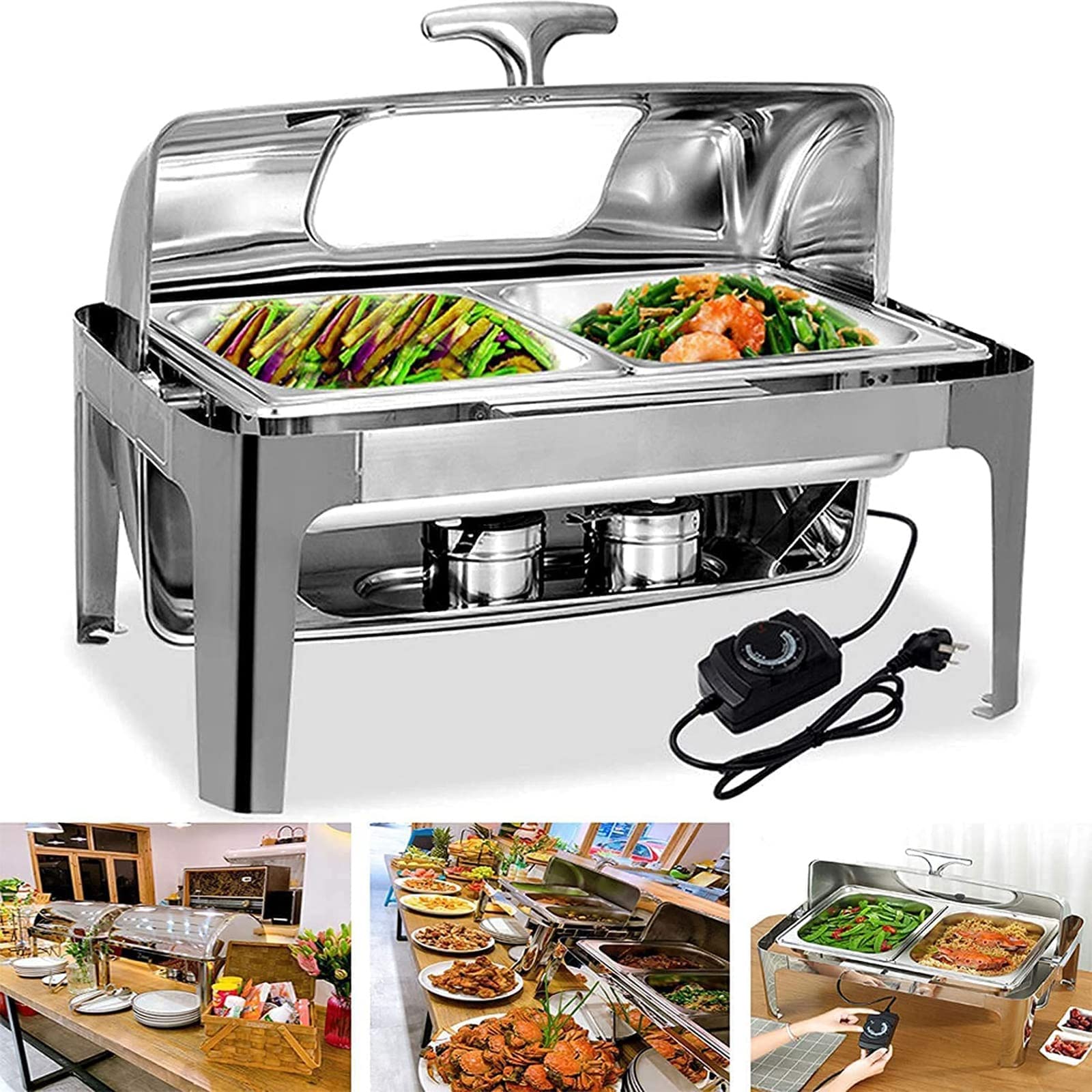 Set da Buffet con scaldavivande, Posate e scaldavivande in Acciaio Inox con Coperchio, per Catering, Feste in Cucina, Banchetti, cene, 9 l, Doppia griglia
