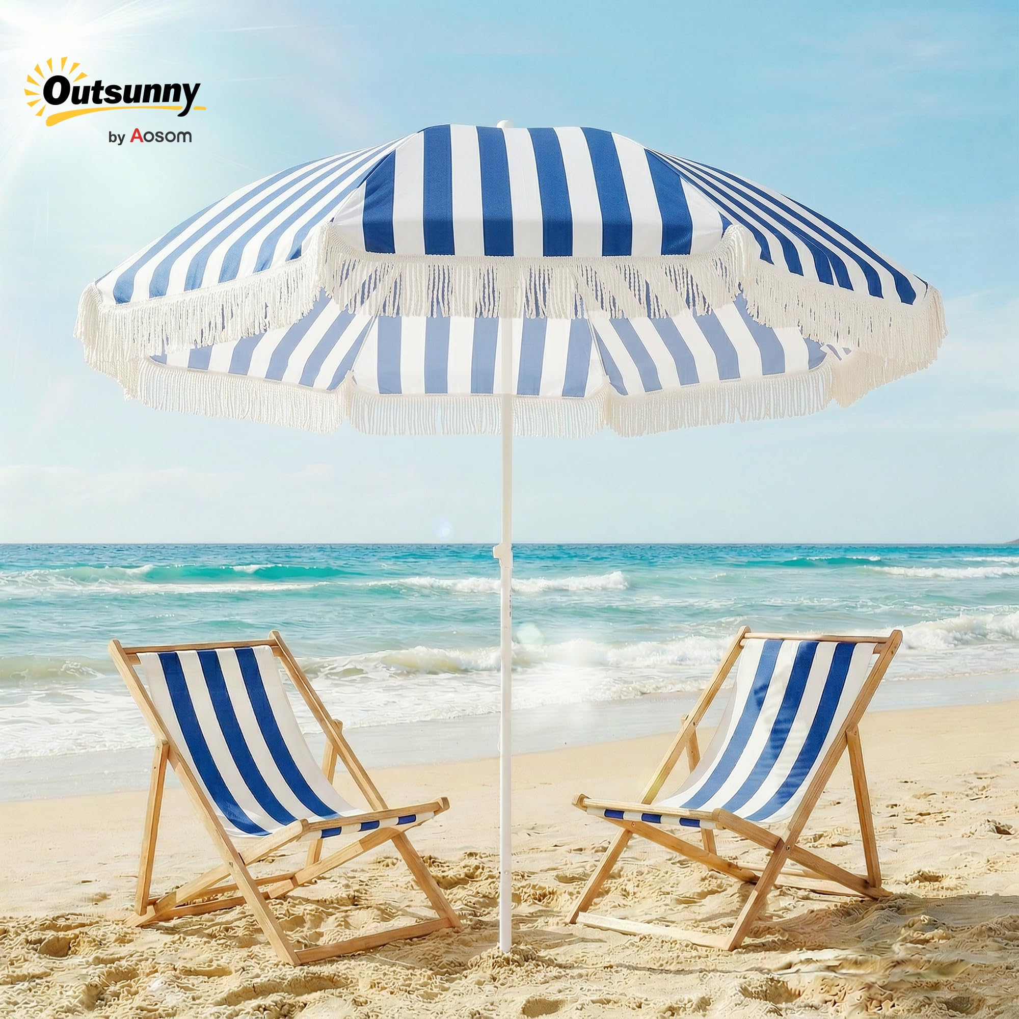 Outsunny Parasol de plage avec franges Ø 180 cm, parasol de terrasse extérieur avec hauteur réglable, inclinaison de 30°, ancrage sable et sac de transport
