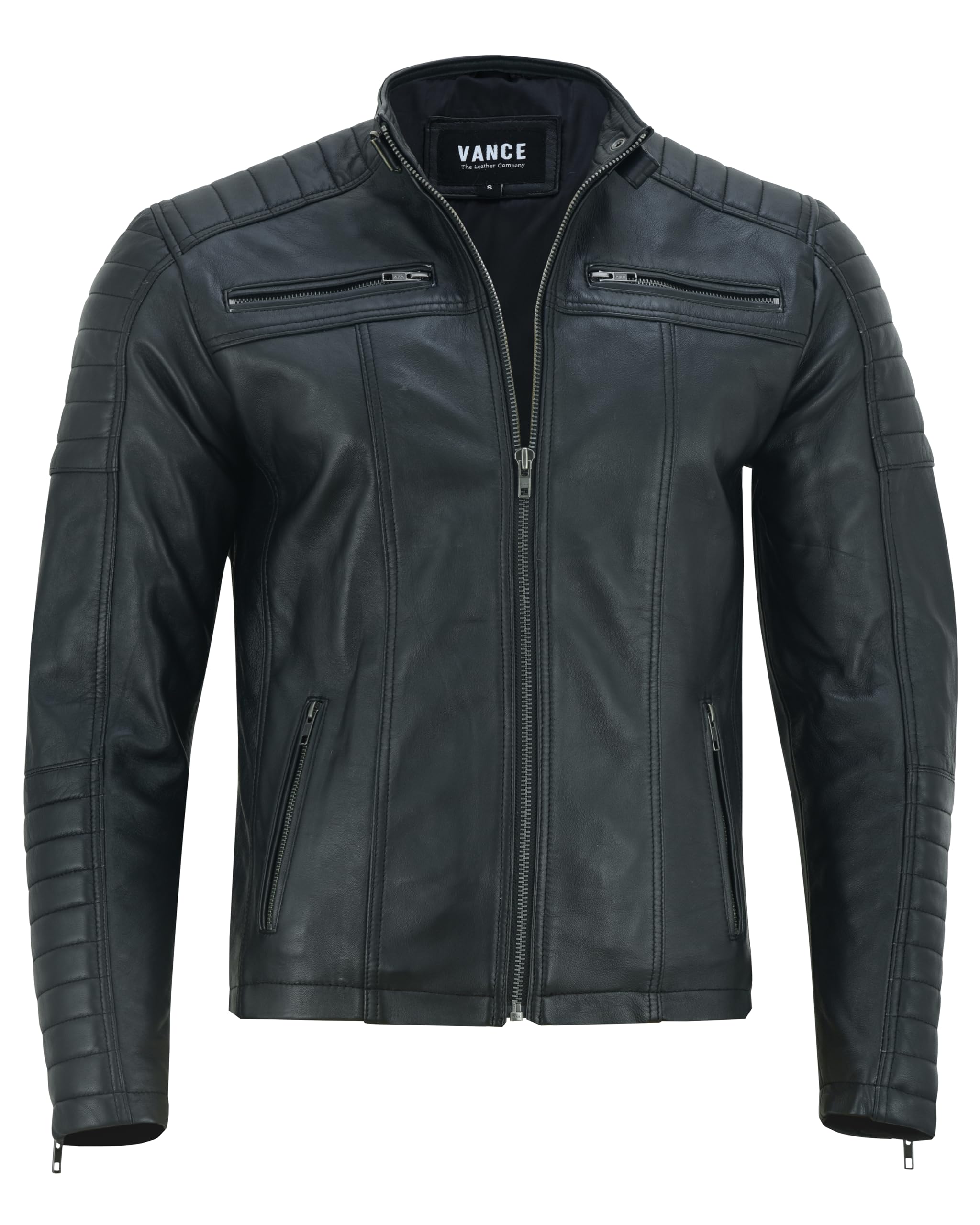 Vance The Leather Company Herren Echtleder Bikerjacke aus 100% Lammleder