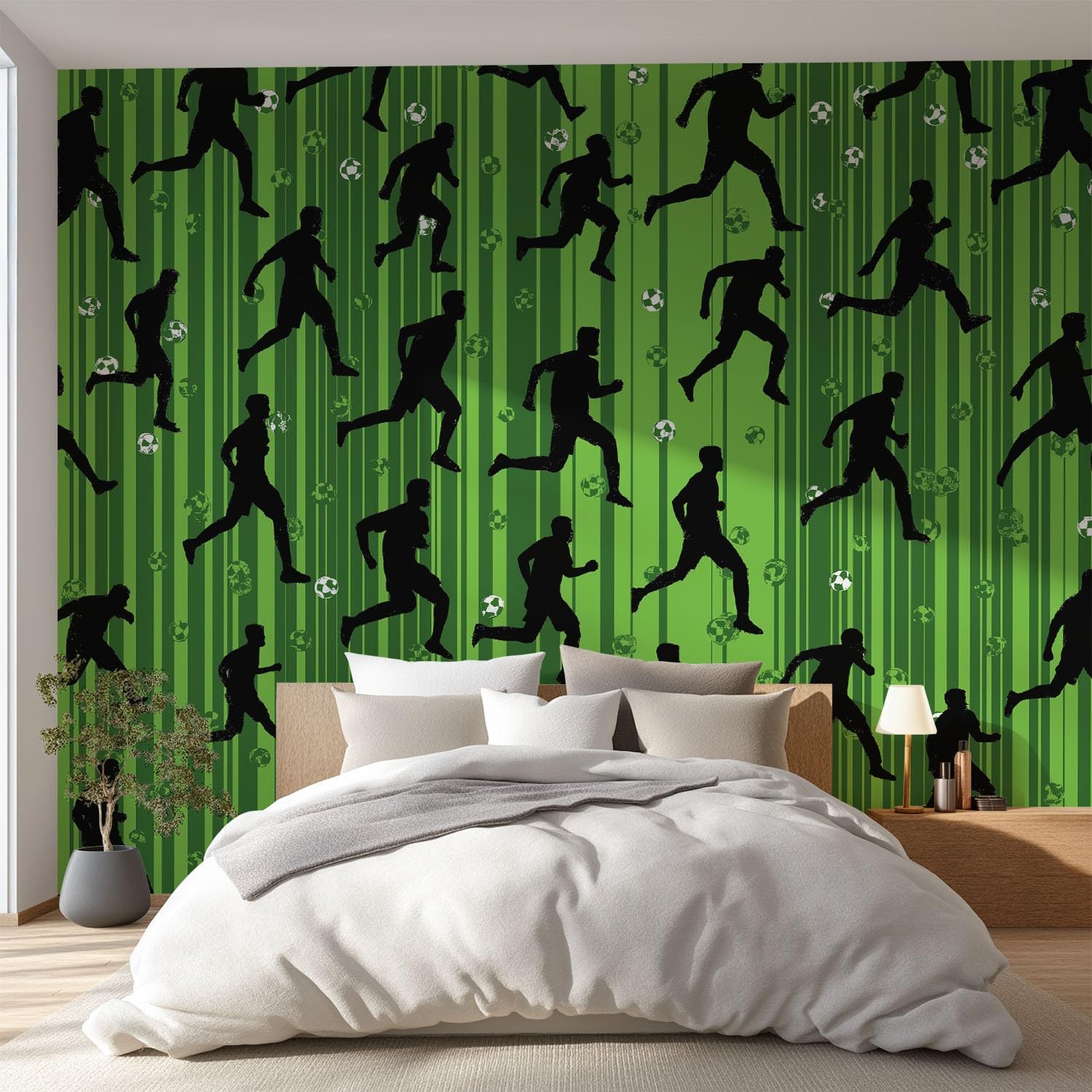 Dekoracja ścienna fototapeta 350 x 256 cm, sportowa powierzchnia, boisko piłkarskie, sylwetki sportowców, tapeta ścienna turkusowa do pokoju chłopców, do pokoju treningowego, tapeta z włókniny, obraz