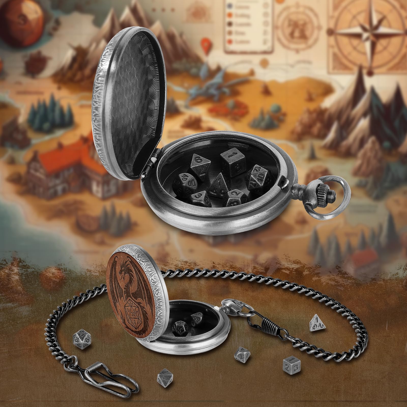 Set di Dadi Mini DND con Custodia per Orologio da Tasca Inciso, 7 pezzi di Dadi Poliedrici D&D in Metallo, Regalo di DND con Scatola Regalo, Accessori per Giochi da Tavolo di Ruolo, Argento Scuro