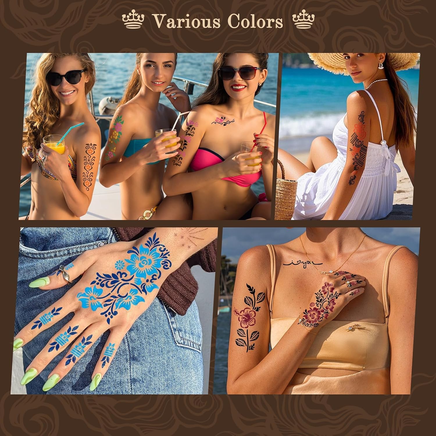 225 Pcs Temporary Tattoo Kit, 27 Reusable Designed Stencils with 9 Colors Tattoo Cones,Tattoo Outline Pen & Brush, Body DIY Art Painting for Women, Men, Teens Gifts Set for Party Festival & Creative