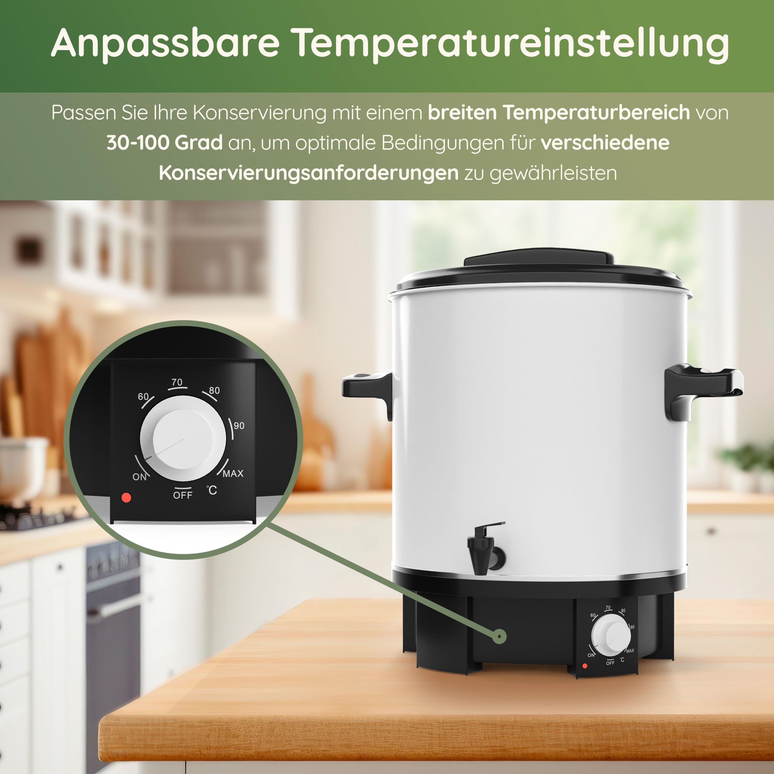 ‎Tim Home Einkochautomat, 1800 Watt mit Zapfhahn – Vielseitiger Kochtopf als Einkochtopf, Dampfkochtopf & Glühweinkocher – Emailliert, Multifunktional, Temperatureinstellung, 27 Liter