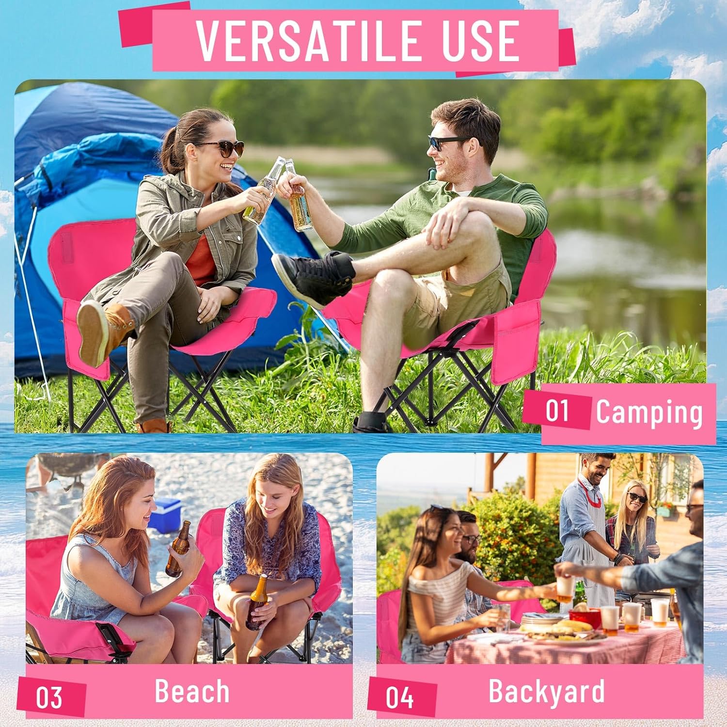 2 Pack Compact Camping Chairs Portable Folding for Outside with Carry Bag Lightweight Moon Chairs for Travel Picnic Hiking Beach Fishing, 600D Oxford, Supports 330lbs(Pink) - Image 7