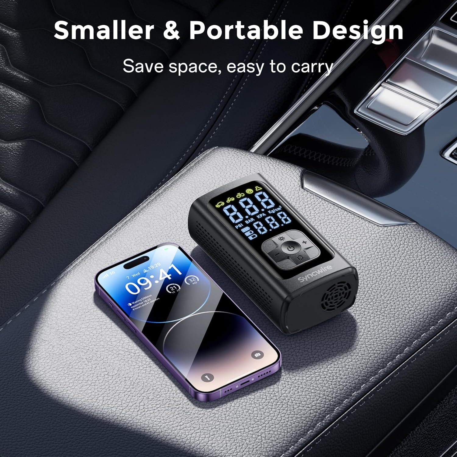 Syncwire Bluetooth 5.4 FM Transmitter and Tire Inflator Portable Air Compressor