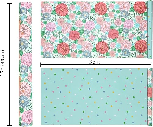 Miniatura 7 de LaRibbons Rollo de papel de regalo floral reversible, 17 pulgadas x 33 pies (46.7 pies cuadrados), diseño de acuarela colorida de doble cara y