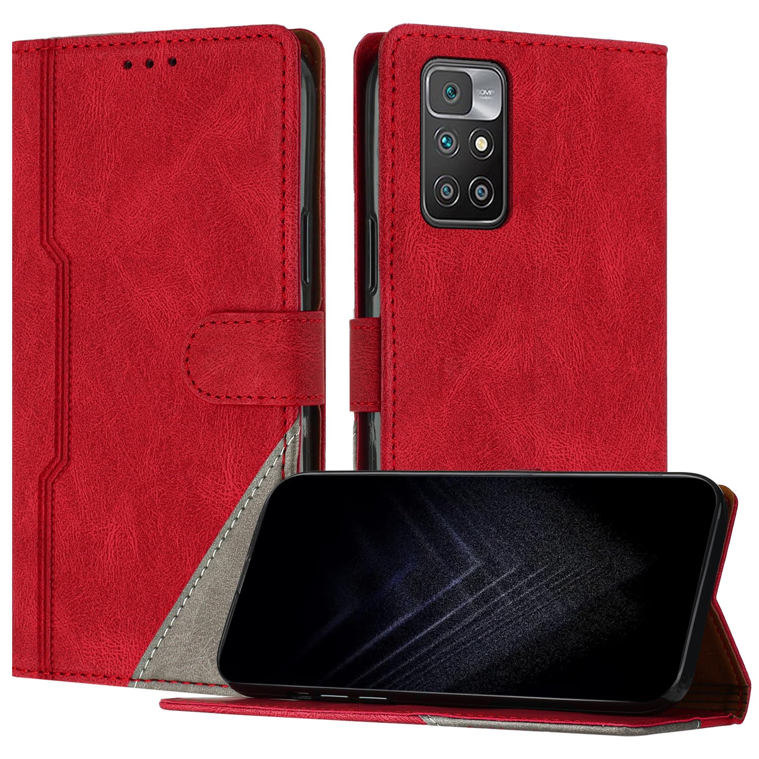 Netany Case Compatible with Xiaomi Redmi 10 / Redmi 10 2022, Flip PU Leather Cover with Magnetic Kickstand Card Holder [Shockproof TPU] for Redmi 10 (Red)