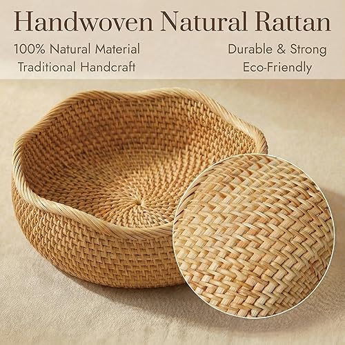 Vista 7 de YANGQIHOME Cesta de pan de ratán, cestas redondas de frutas, cuencos de almacenamiento de mimbre, cuencos de servicio tejidos naturales, cestas