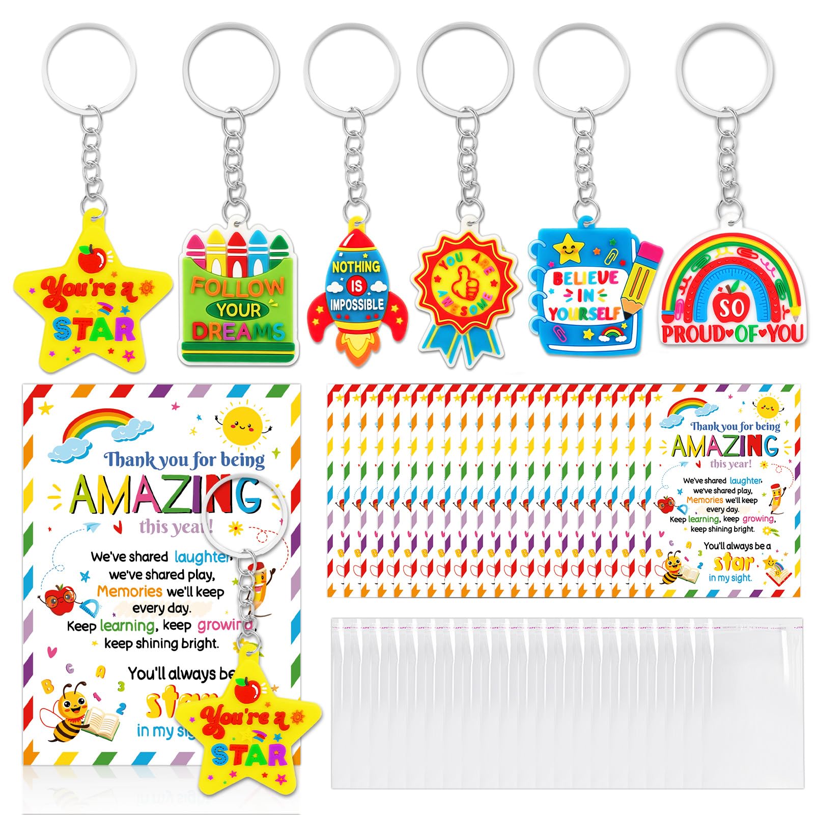 HOWAF End of Term Gifts for Children 30, Year 6 Leavers Gifts for Students from Teachers, End of Year Class for 30 Children Motivational Affirmation Cards Rainbow Star Silicone Keyrings Keychains