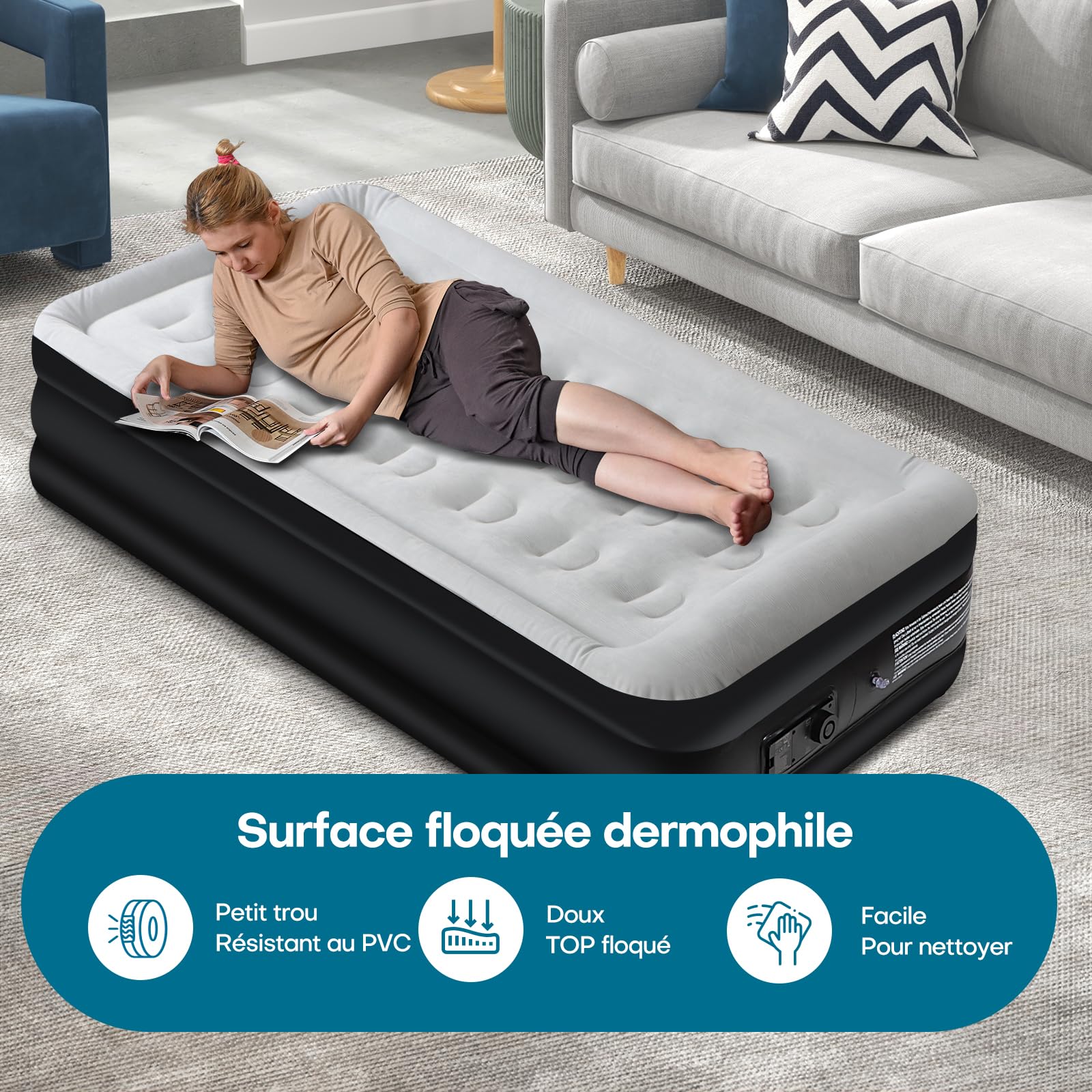Panana Matelas Gonflable 1 Personne avec Pompe Intégrée, Lit Gonflable Simple 196x97x47cm, Matelas d’Appoint avec Surface Floquée et Sac de Rangement pour Maison Camping Invités