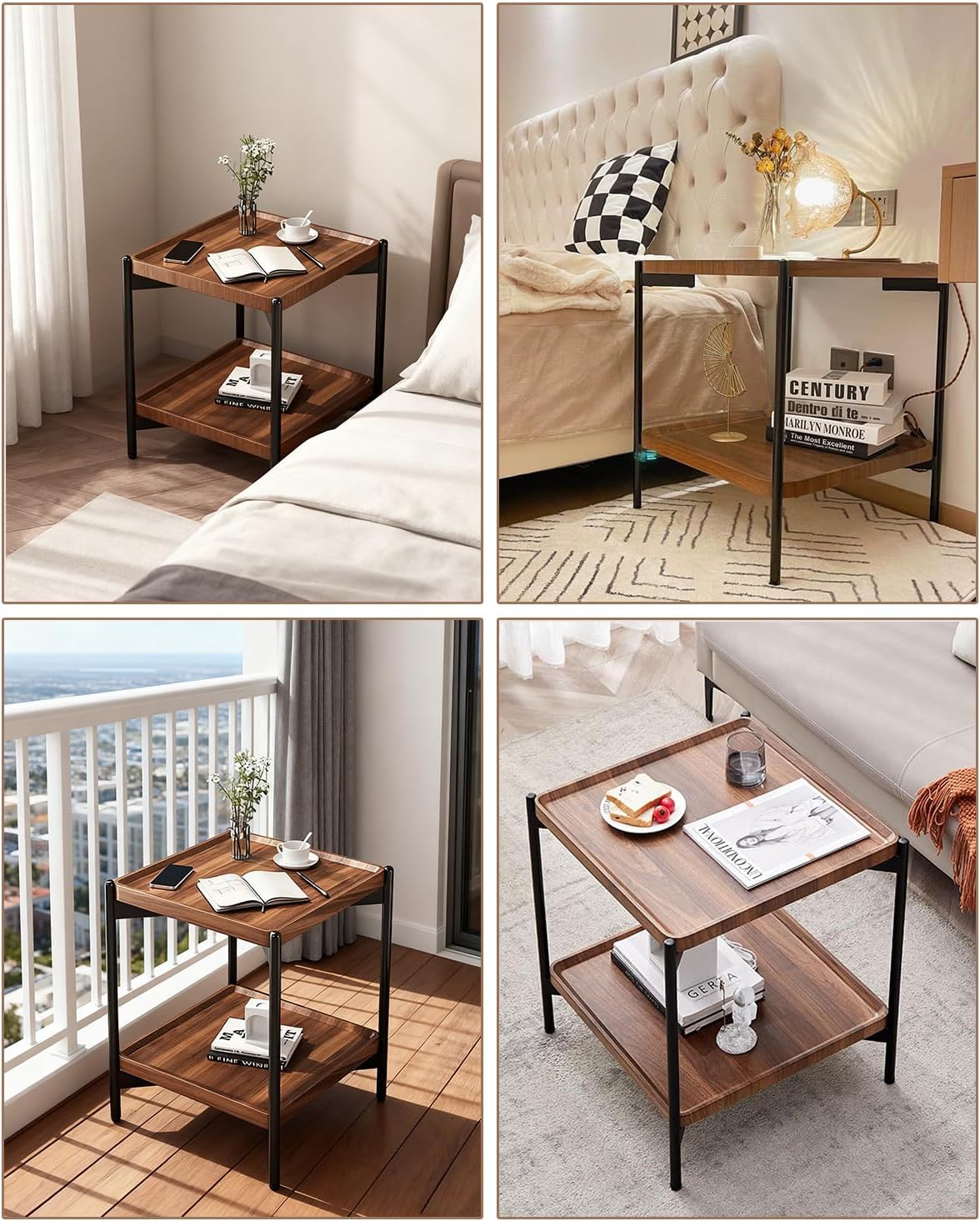 2 Tier Side Table, Small Square End Table with Sturdy Metal Legs, 20 inch Nightstand for Living Room, Bedroom, Office and Small Spaces (Walnut)