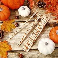 Vista 3 de Whaline 200 popotes de papel de otoño, pajitas desechables de calabaza en acuarela naranja y blanca, popotes decorativos de otoño para cosecha