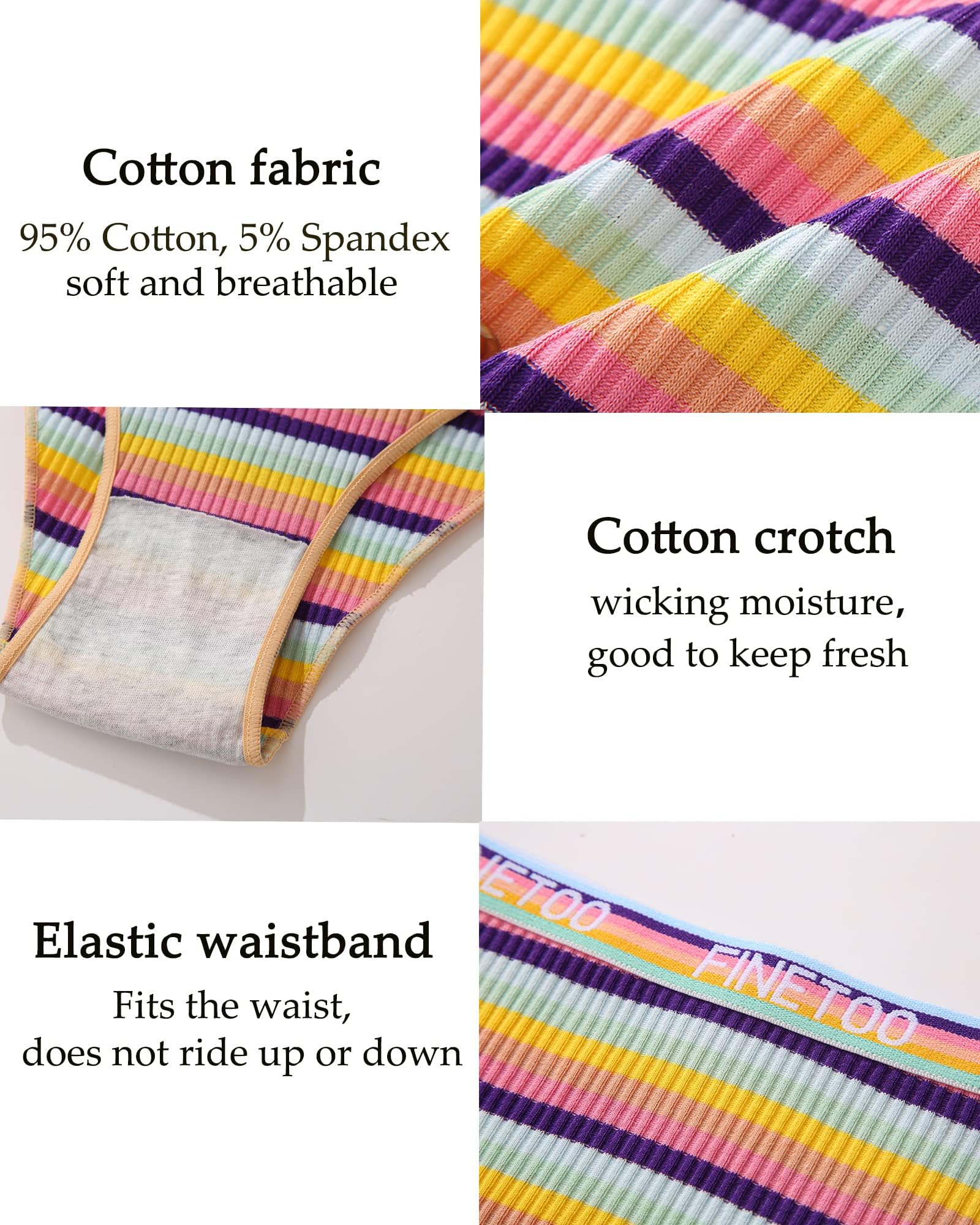 FINETOO Confezione da 5 Slip da Donna in Cotone, Biancheria Intima da Donna, Arcobaleno, Sport, Hipster, Sexy, con Logo, Biancheria Intima Sportiva, Morbida, Cintura Sportiva