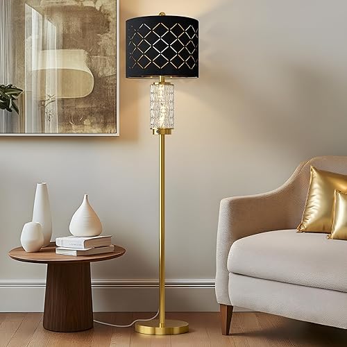 Oneach Lámpara de pie de 63.75 pulgadas para sala de estar, moderna lámpara dorada con luz nocturna LED de cristal, lámpara de pie vintage con