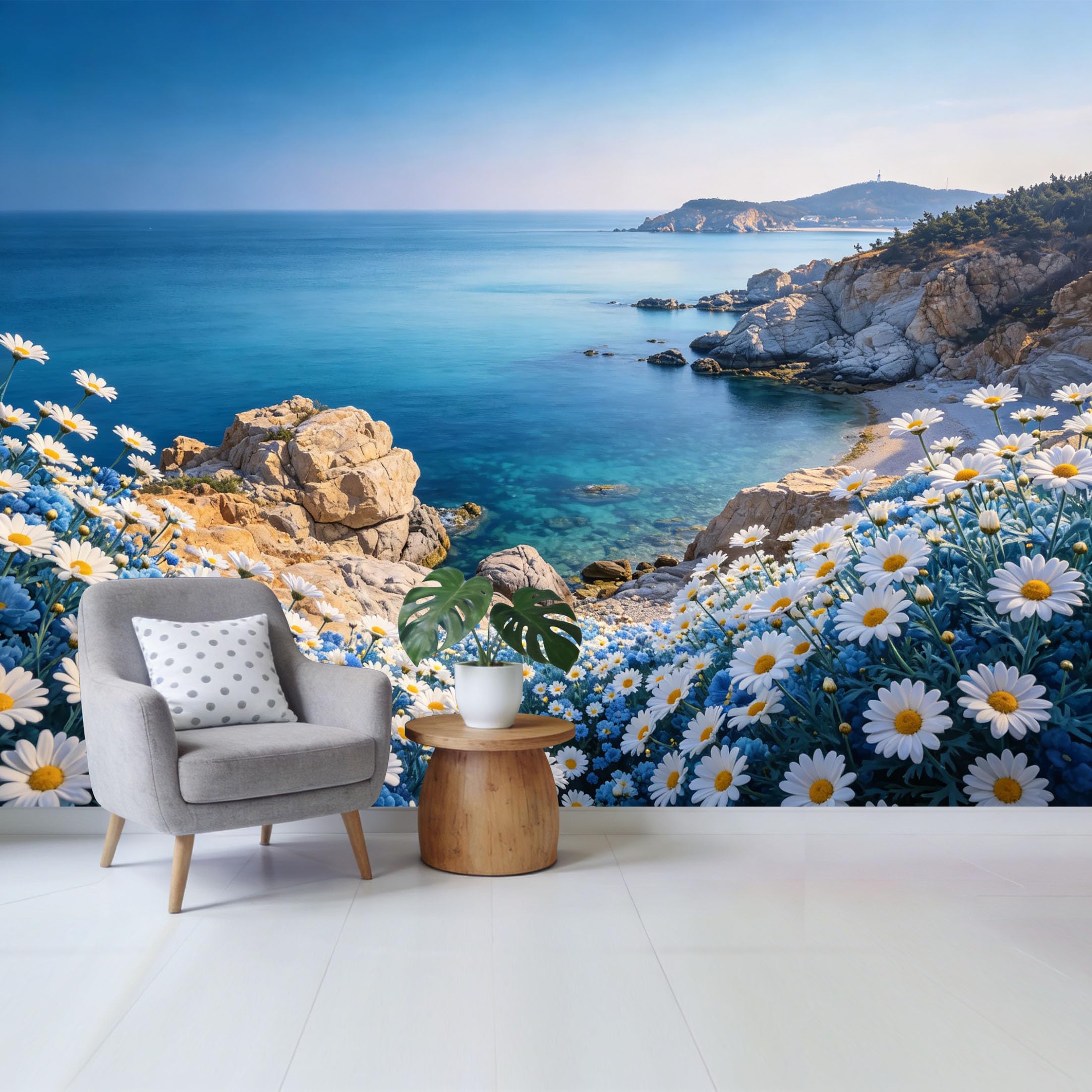 Qzlithotic Yq2605250399 Custom Size Wall Mural Coastal Daisy Flowers Scenic Ocean View Landscape Selfadhesive Wall Fabric Removable Wallpaper For Home Office Decor
