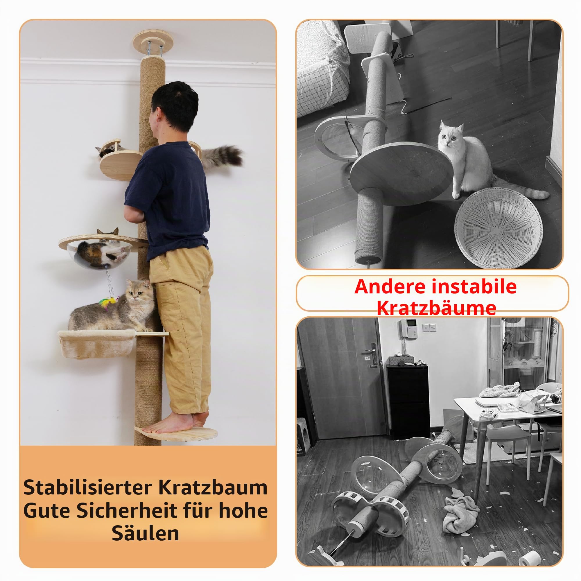 Verstellbarer Decken-Katzenbaum (125–300 cm) – 5 Etagen Katzenkratzbaum aus Hanf | Stabiler Aktivitätsbaum für Indoor & Outdoor Nutzung