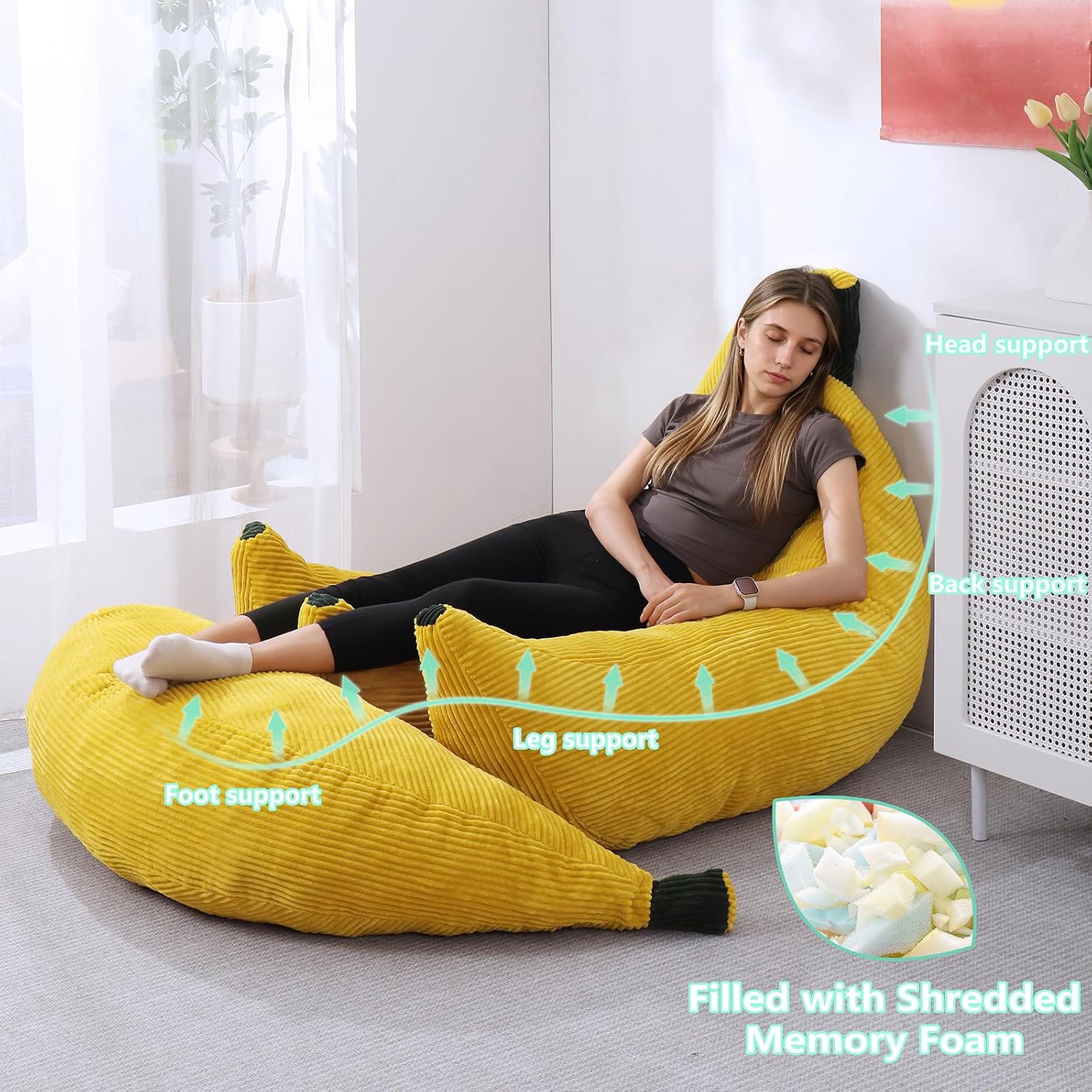 Banana Chaise Lounge Sofa Chair for Living Room, Bean Bag Chair with Ottoman, Floor Sofa Bed with Footrest, Comfy Convertible Lounger, Plush Couch for Bedroom, Dorm (Yellow, King) image 3